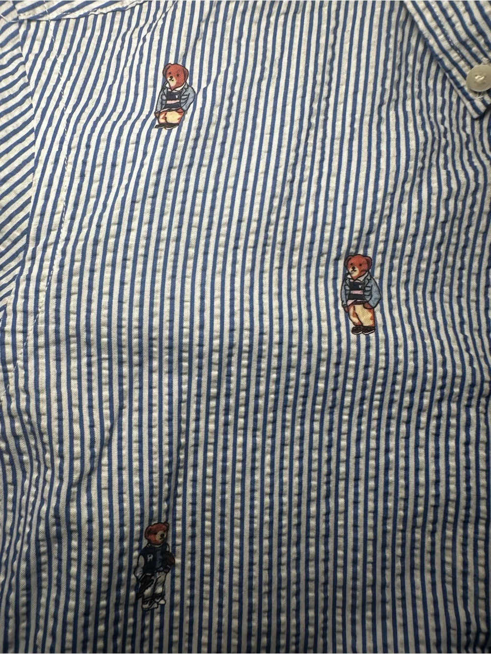 Ralph Lauren Blue and White Striped Embroidered Polo Bear Button-Down Shirt